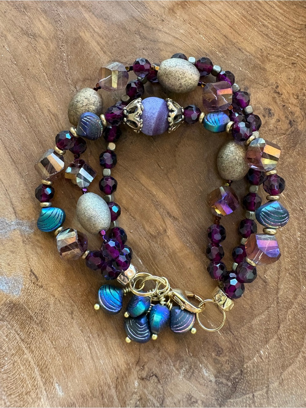 Hand Crafted Purple, Teal & Gold Beaded Bracelet-Aurora Borealis colors